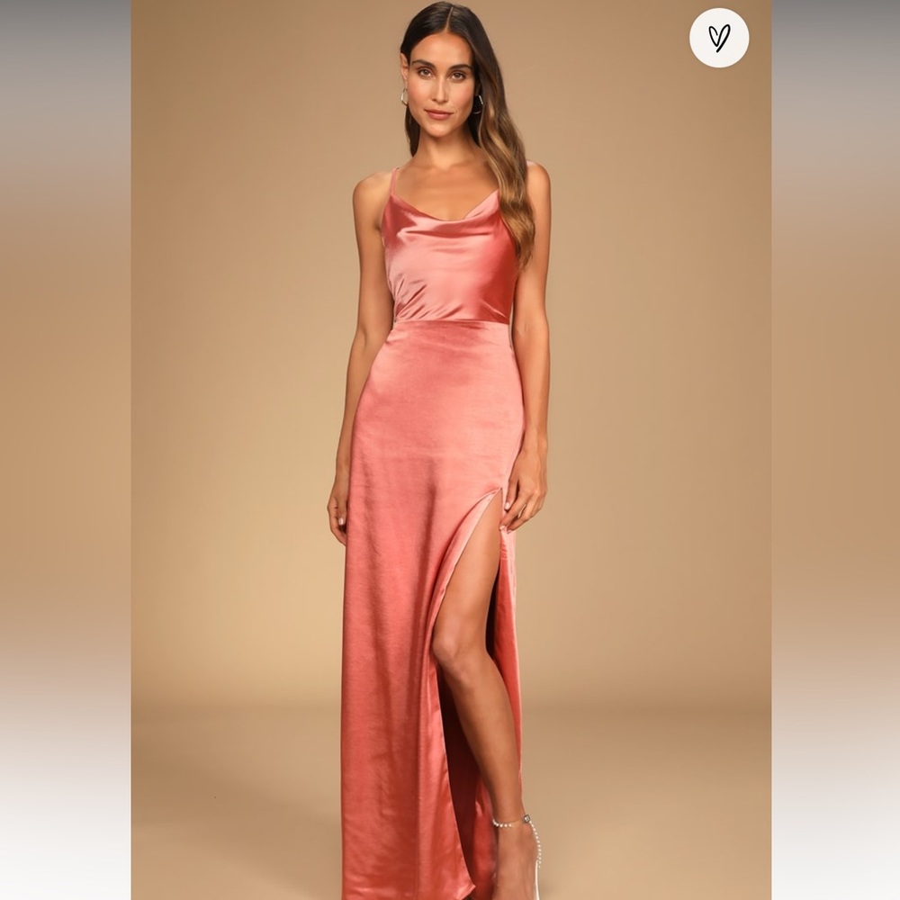 Lulu’s See The Sunrise Rusty Rose Satin Sleeveless Cowl Neck Maxi Dress